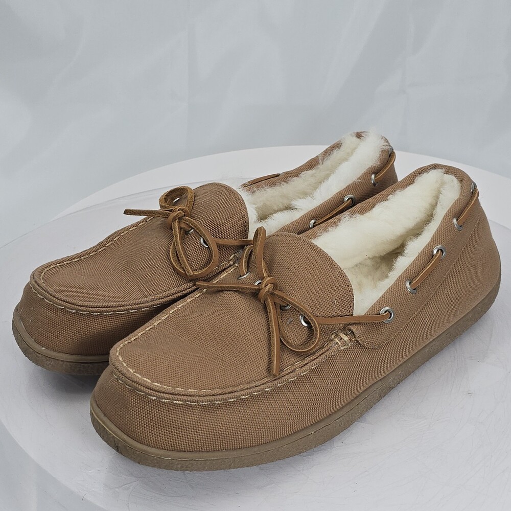 Duluth Trading Co Tan Khaki Canvas Moccasins Sheepskin Lining Men 12 M Slippers